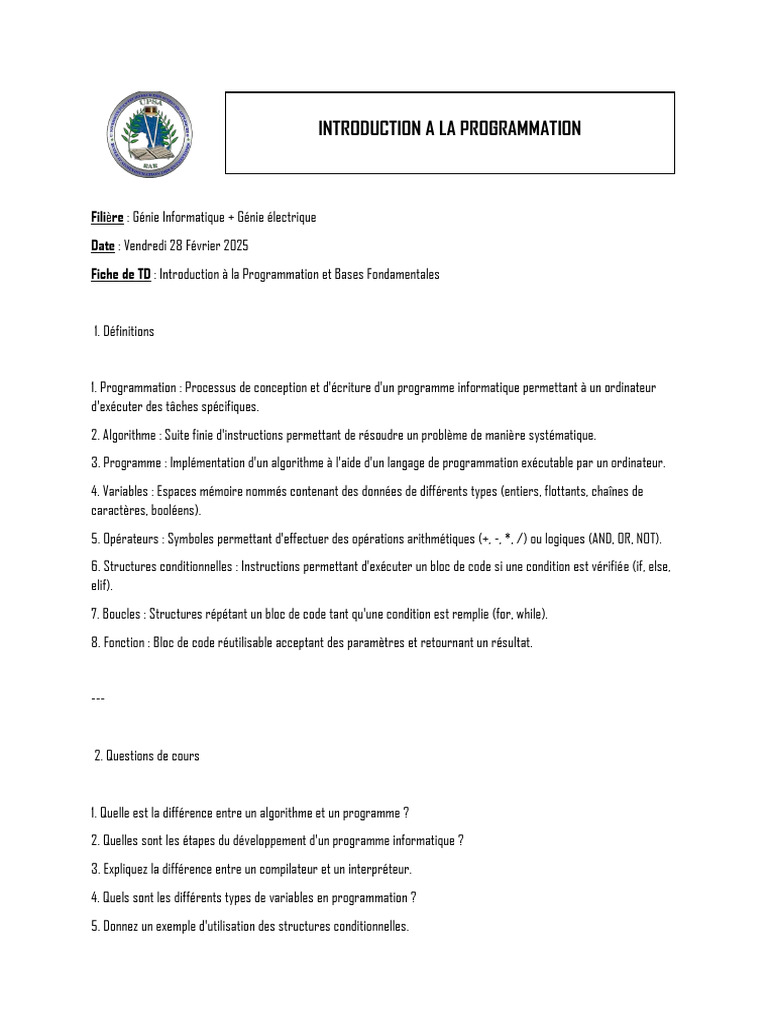 Introduction à la Programmation TD 2025 | PDF | Programmation ...