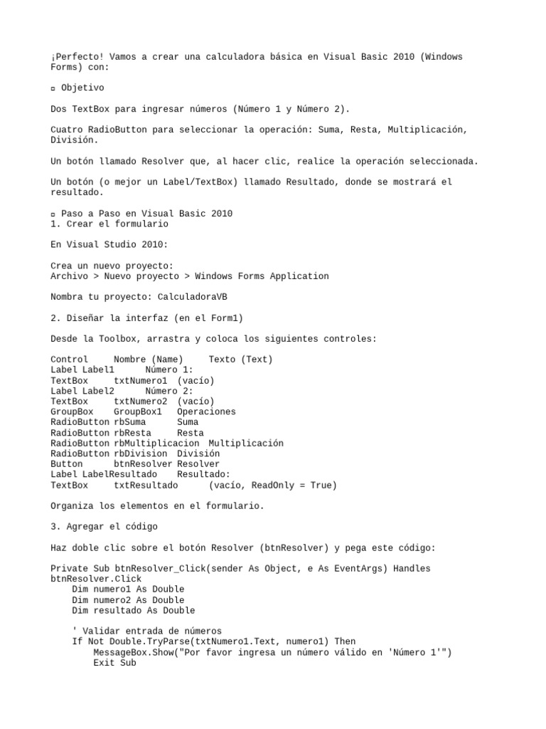 Calculadora Básica en Visual Basic 2010 | PDF | Informática ...