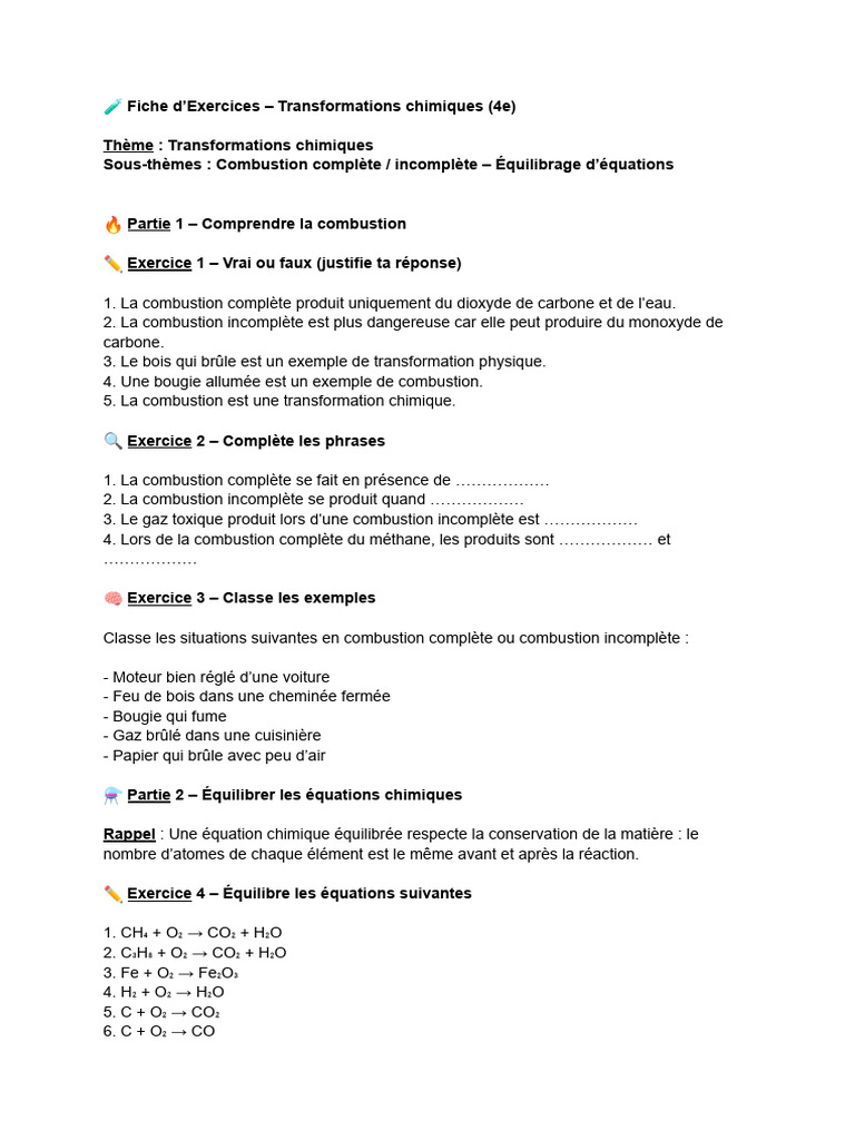 Transformations chimiques : Combustion 4e | PDF | La combustion | Oxygène