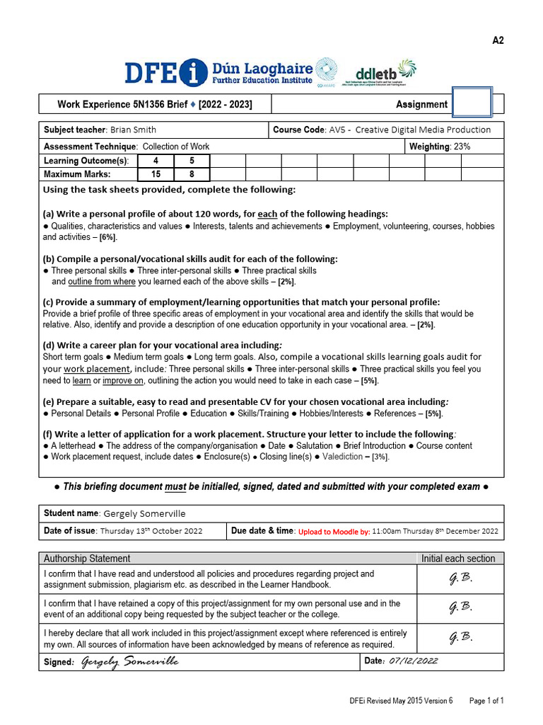 Work Experience Assignment Guide | PDF | Learning
