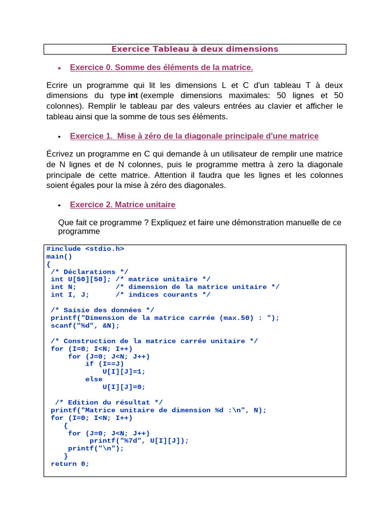Exercices sur les matrices en C | PDF | Matrice (Mathématiques ...