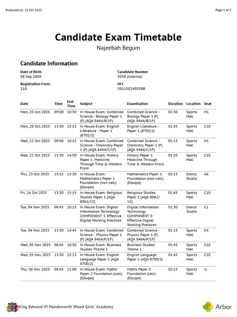 Najeebah Begum Exam Timetable 2025 | PDF | Student Assessment And ...