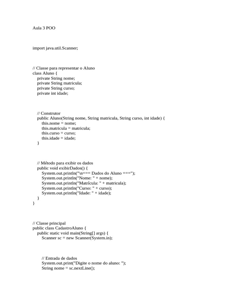 Cadastro de Alunos em Java POO | PDF | Classe (programação de ...
