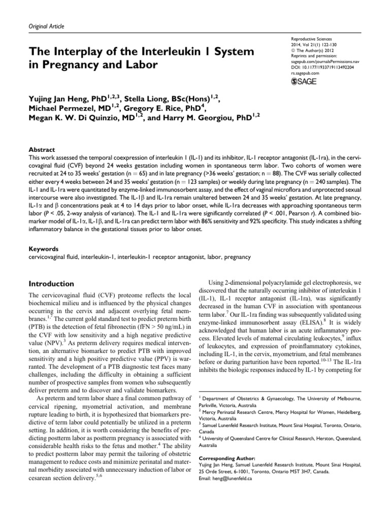 Interleukin 1 in Pregnancy and Labor | PDF | Childbirth | Preterm Birth