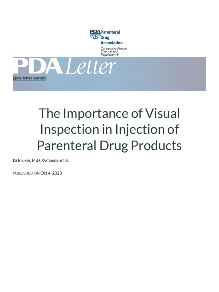 Visual Inspection in Parenteral Drugs | PDF | Artery | Injection (Medicine)
