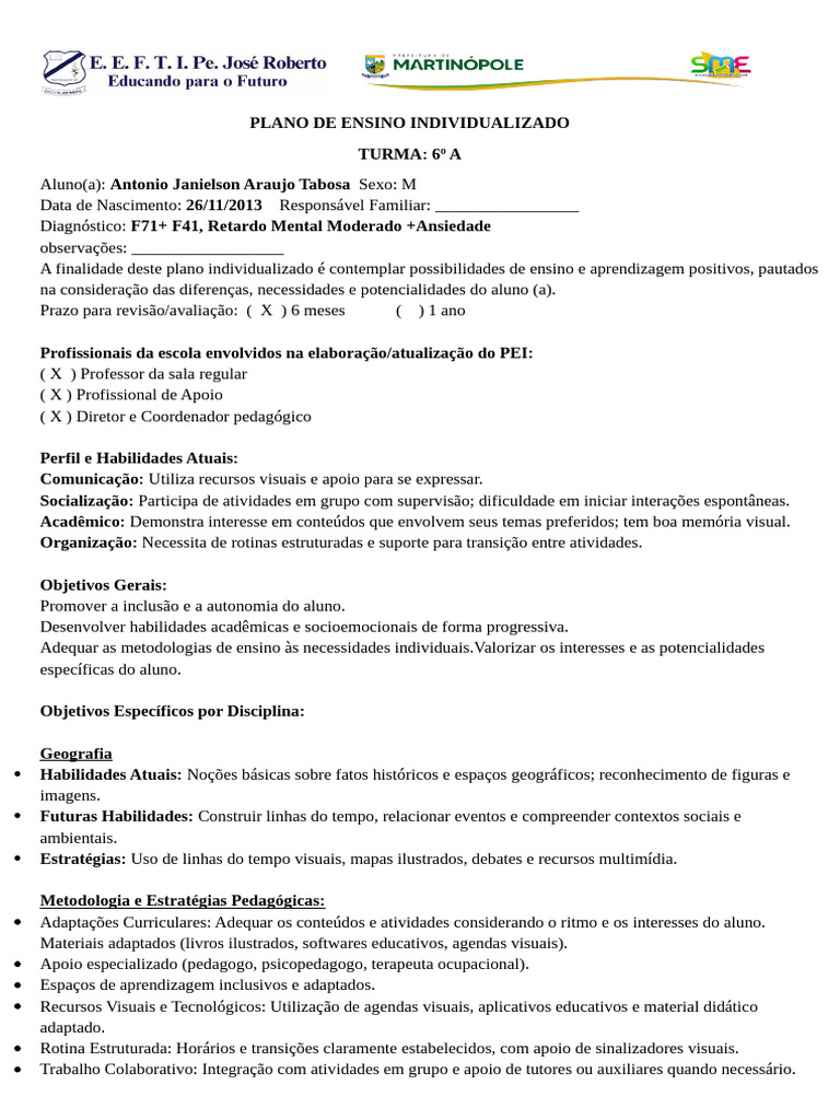 Plano de Ensino Individualizado 6º A | PDF | Pedagogia | Transtorno de ...