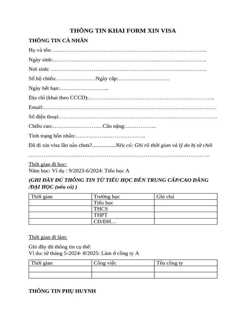 Thông Tin Khai Form Xin Visa | PDF