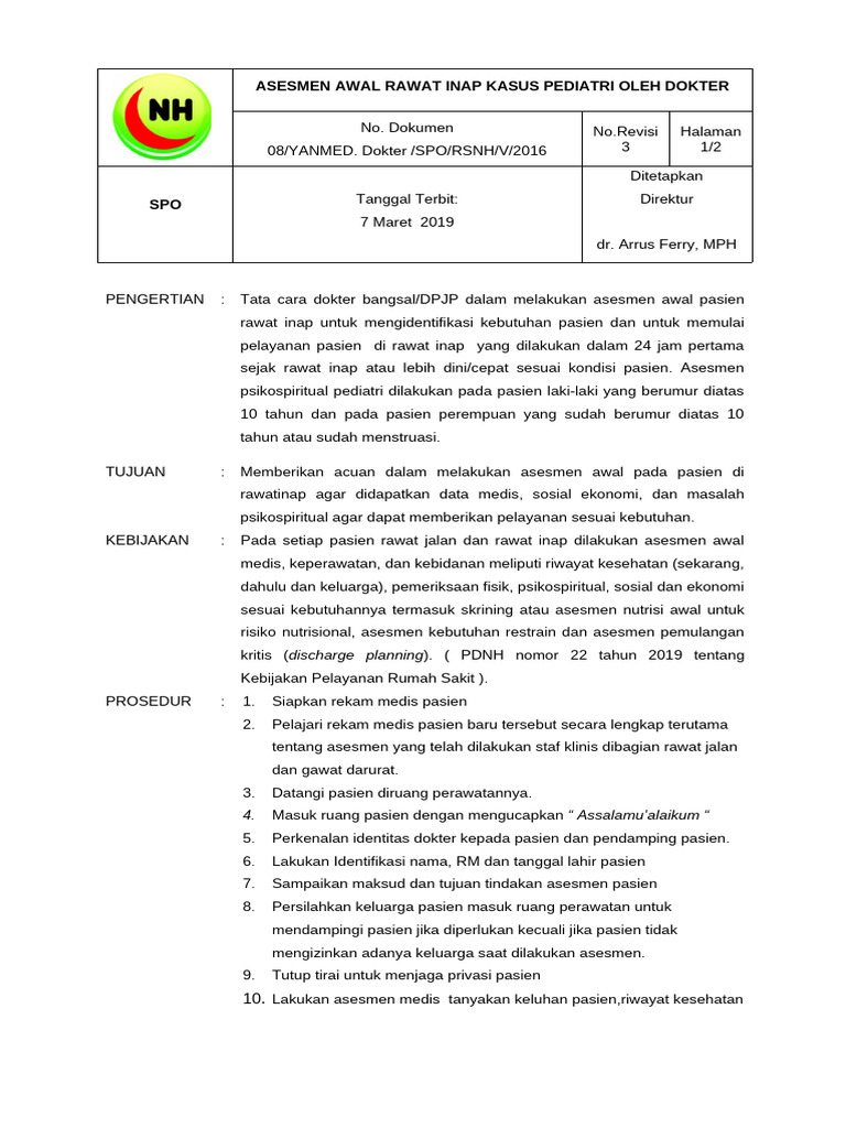 SPO Med No 08 TH 2016 Assmn Ranap Pediatri | PDF
