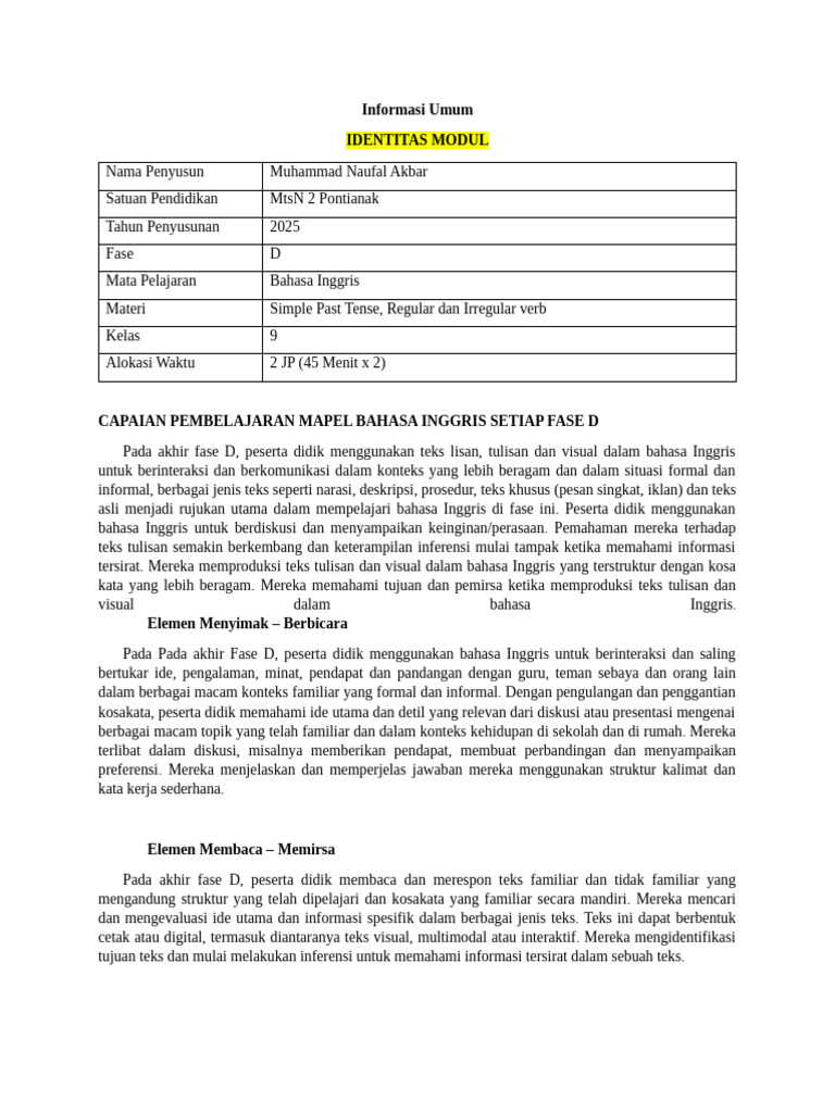 Pembelajaran Simple Past Tense Kelas 9 | PDF