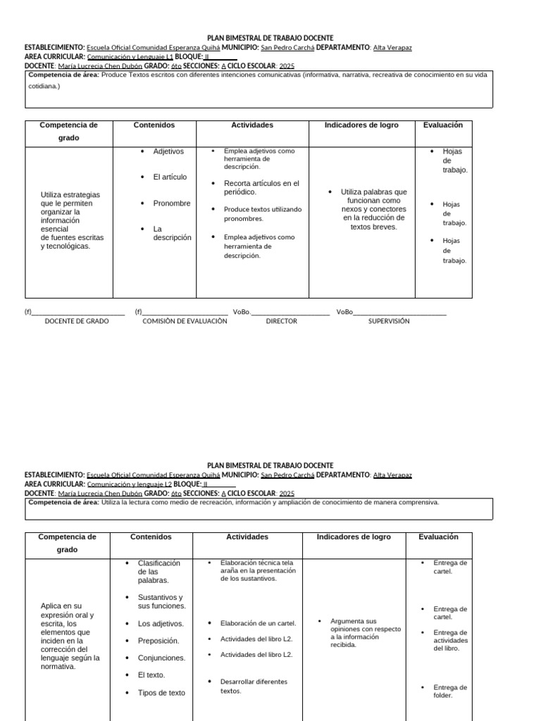 Plan Bimestral de Trabajo Docente 2025 | PDF | Evaluación | Sistema ...