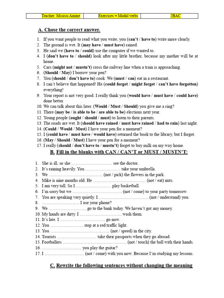 Modal Verbs Exercises PDF | PDF