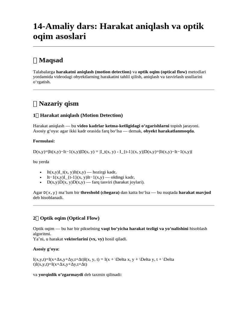 Harakat Aniqlash va Optik Oqim Asoslari | PDF