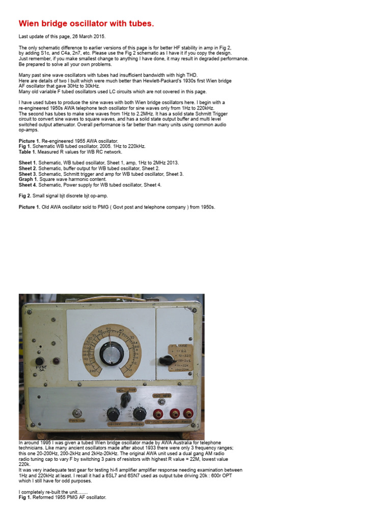 Tubed Wien Bridge Oscillator Design Guide | PDF | Electronic Oscillator ...
