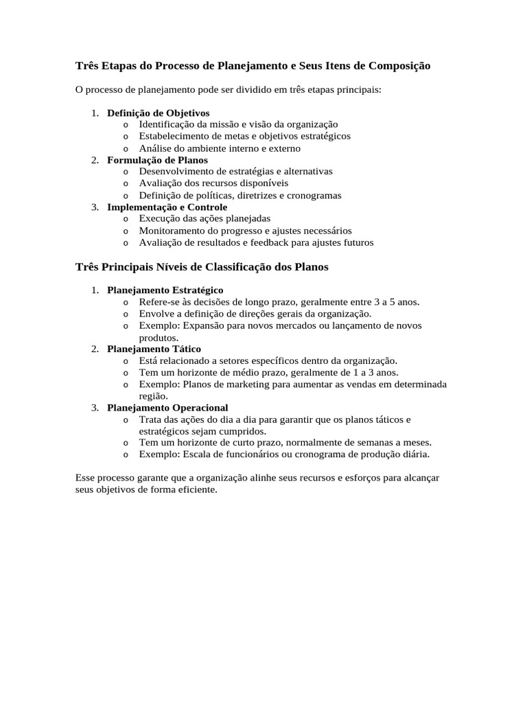 Três Etapas Do Processo de Planejamento e Seus Itens de Composição | PDF