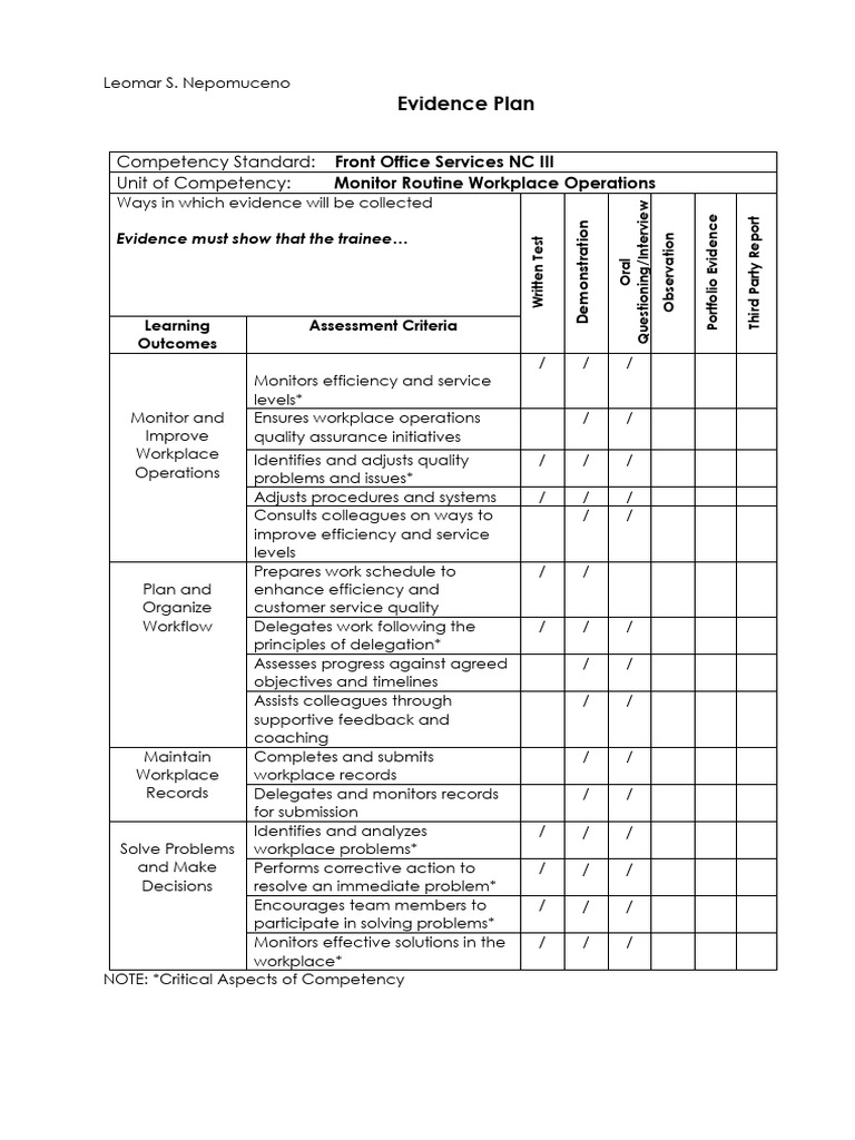 Evidence Plan for Front Office Services | PDF | Business