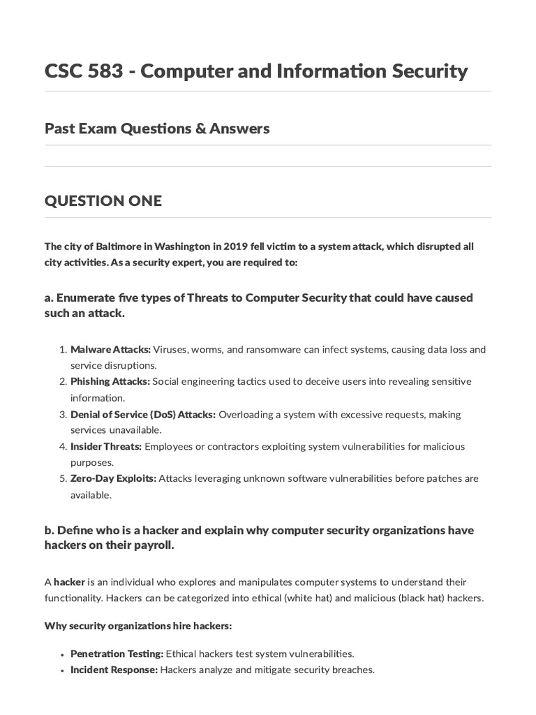 Computer Security Exam Q&A Guide | PDF | Encryption | Password