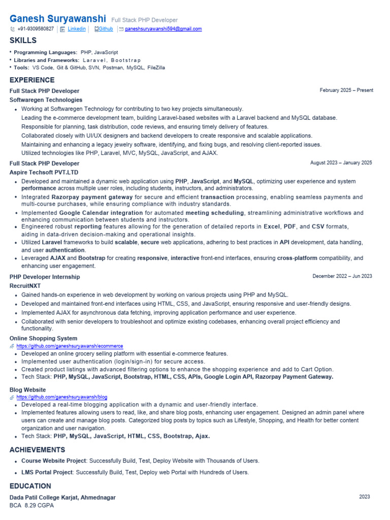 Full Stack PHP Developer Portfolio | PDF | Ajax (Programming) | Php