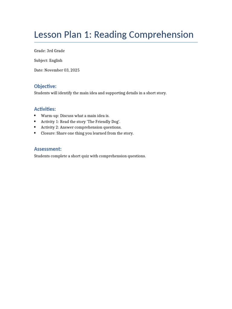 3rd Grade Reading Comprehension Plan | PDF