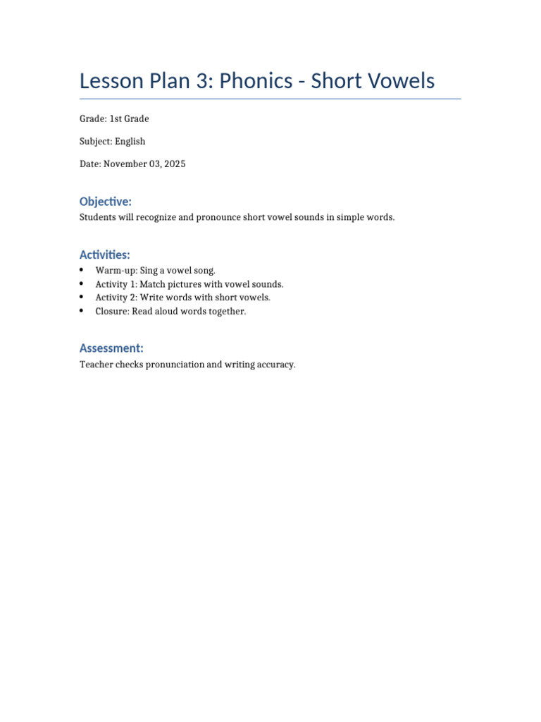 Lesson Plan 3 Phonics - Short Vowels | PDF