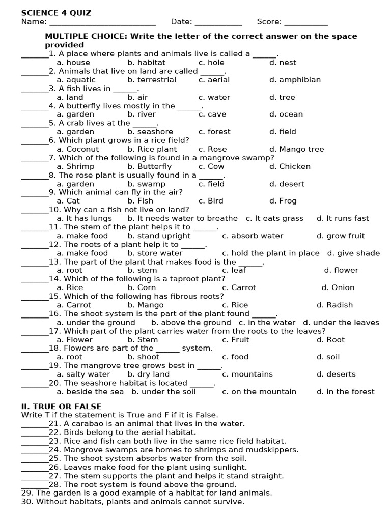 Science Quiz on Habitats and Plants | PDF | Root | Habitat