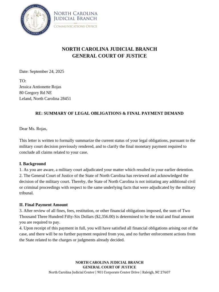 North Carolina Judicial Branch Letter Jessica Rojas | PDF | Judgment ...