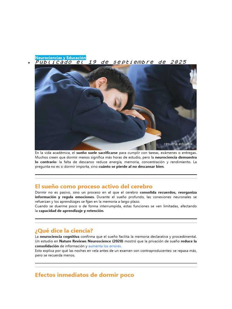 Importancia del Sueño en el Aprendizaje | PDF | Dormir | Memoria