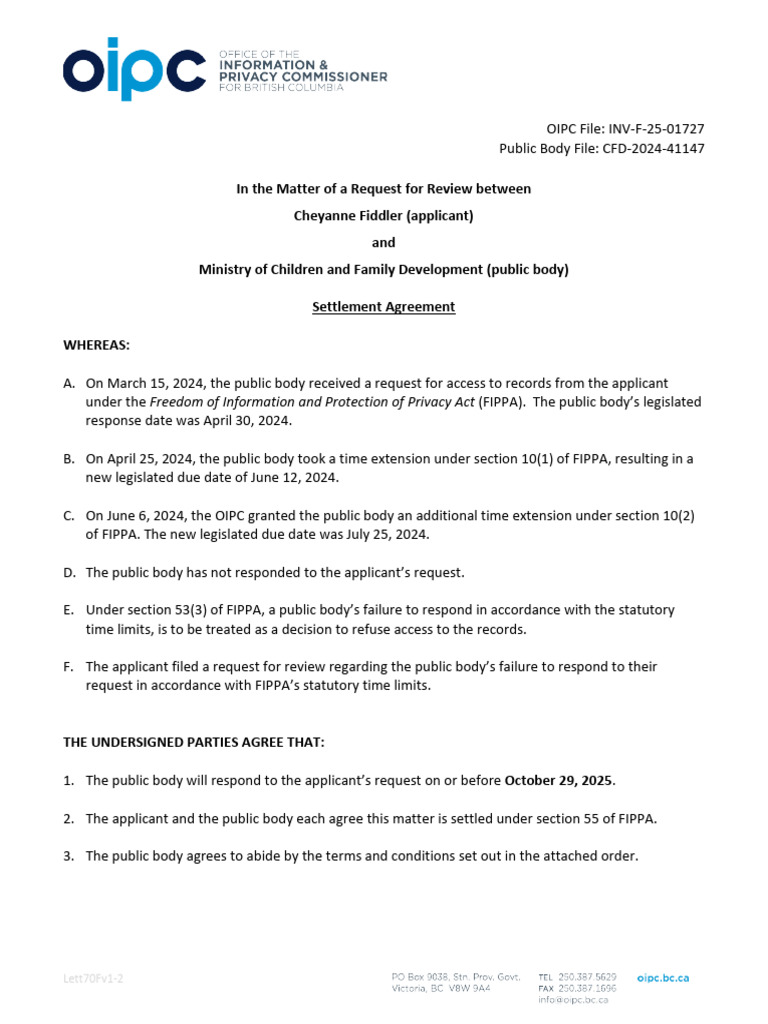 FIPPA Request Review Settlement Agreement | PDF | Justice | Crime ...
