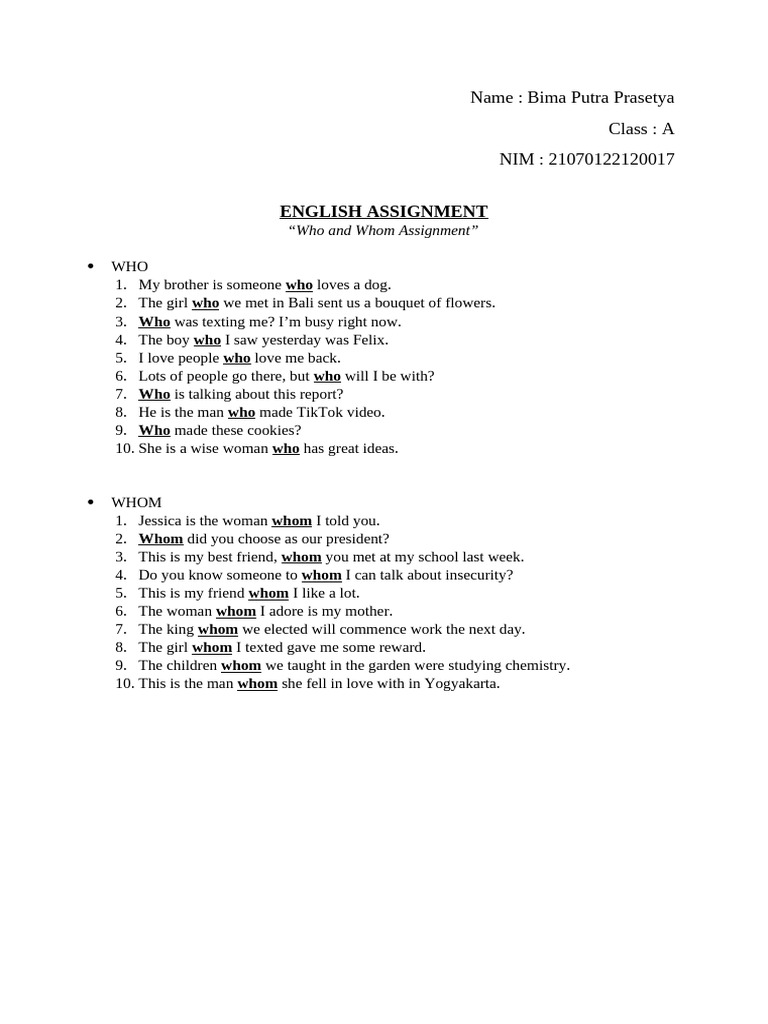 English Assignment Who and Whom | PDF