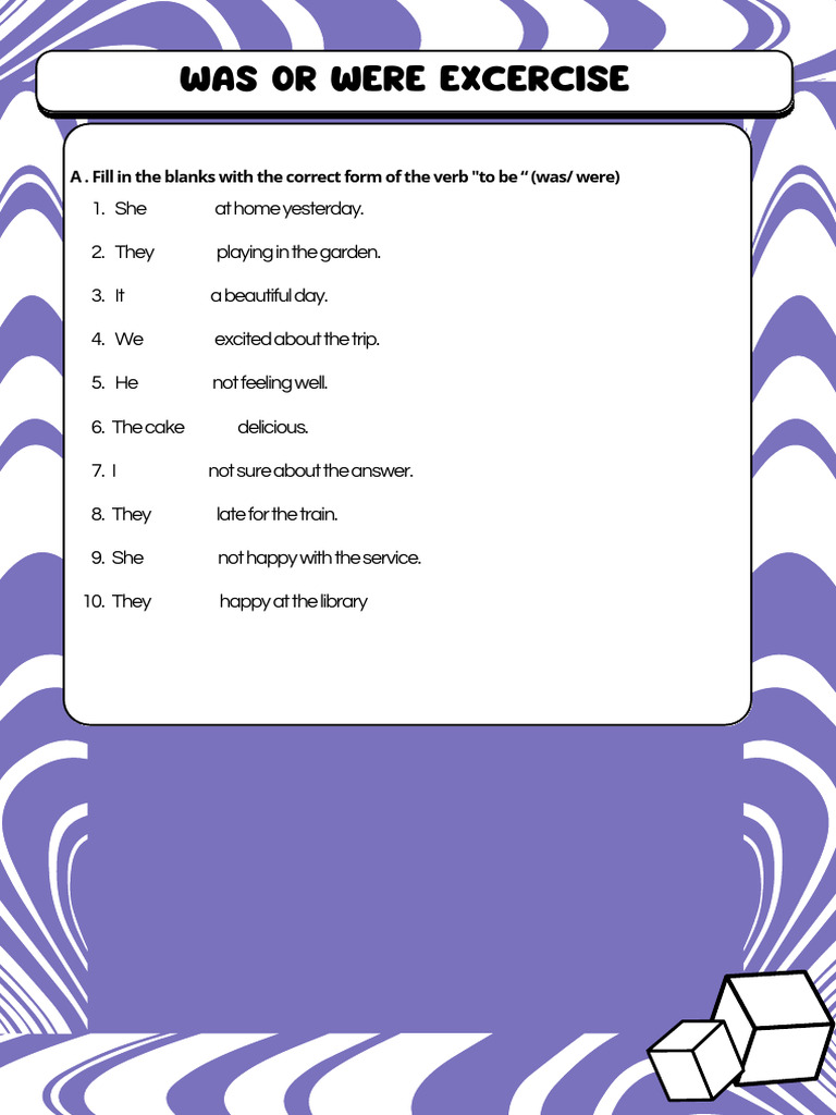 Past Continuous Tense Verb To Be Exercise Worksheet in Purple Cute ...