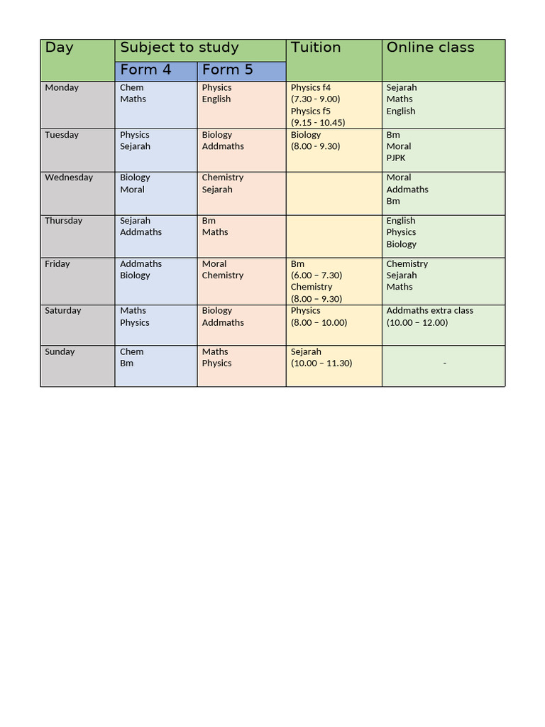 Weekly Class Schedule for Form 4 & 5 | PDF