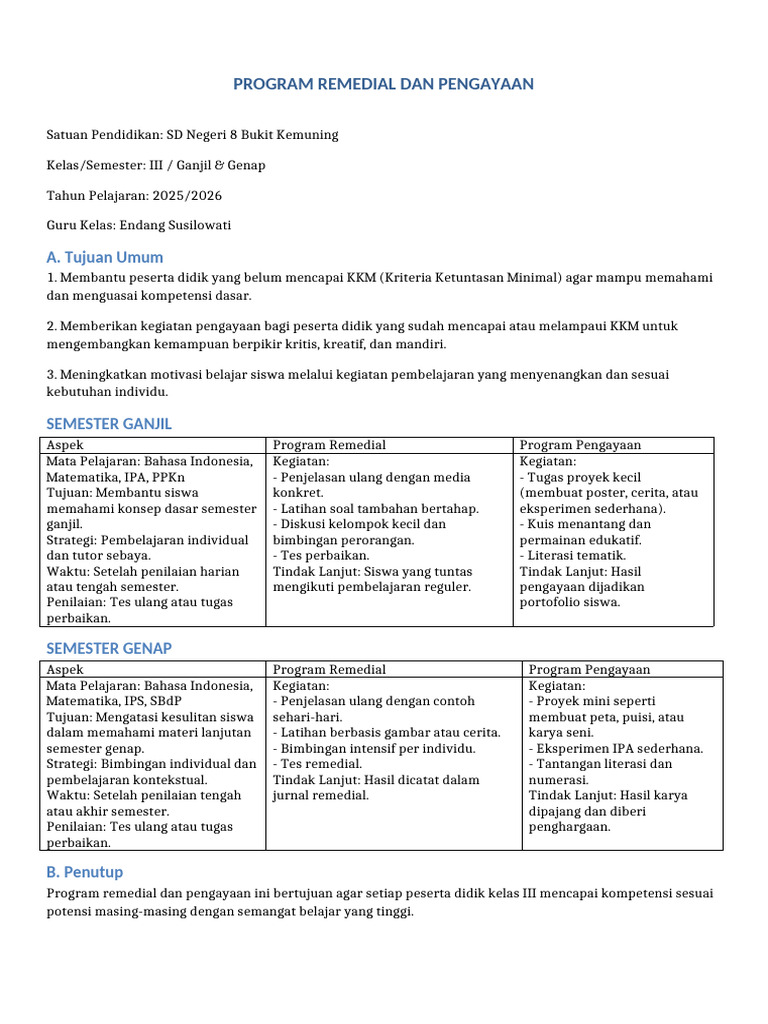 Program Remedial dan Pengayaan SD 8 | PDF