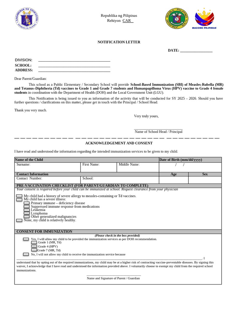 School Immunization Notification Letter | PDF