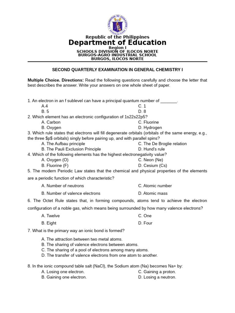General Chemistry II Quarterly Exam | PDF | Chemical Bond | Alkane
