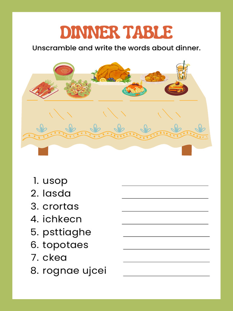 Illustrative Colourful Dinner Table Unscramble Food Vocabulary English ...