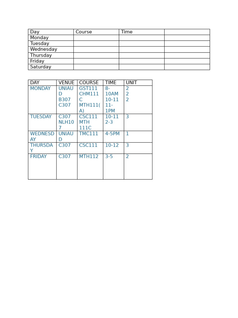 Weekly Course Schedule Overview | PDF