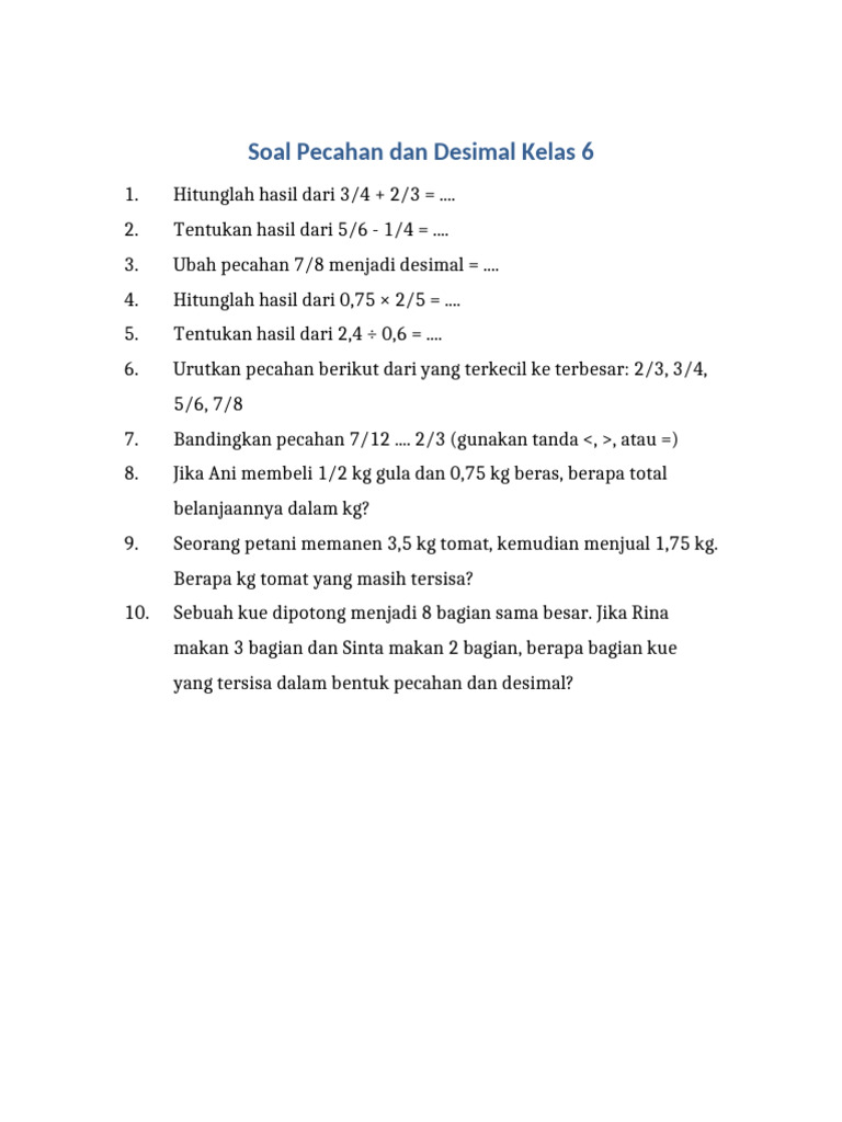 Soal Pecahan dan Desimal Kelas 6 | PDF