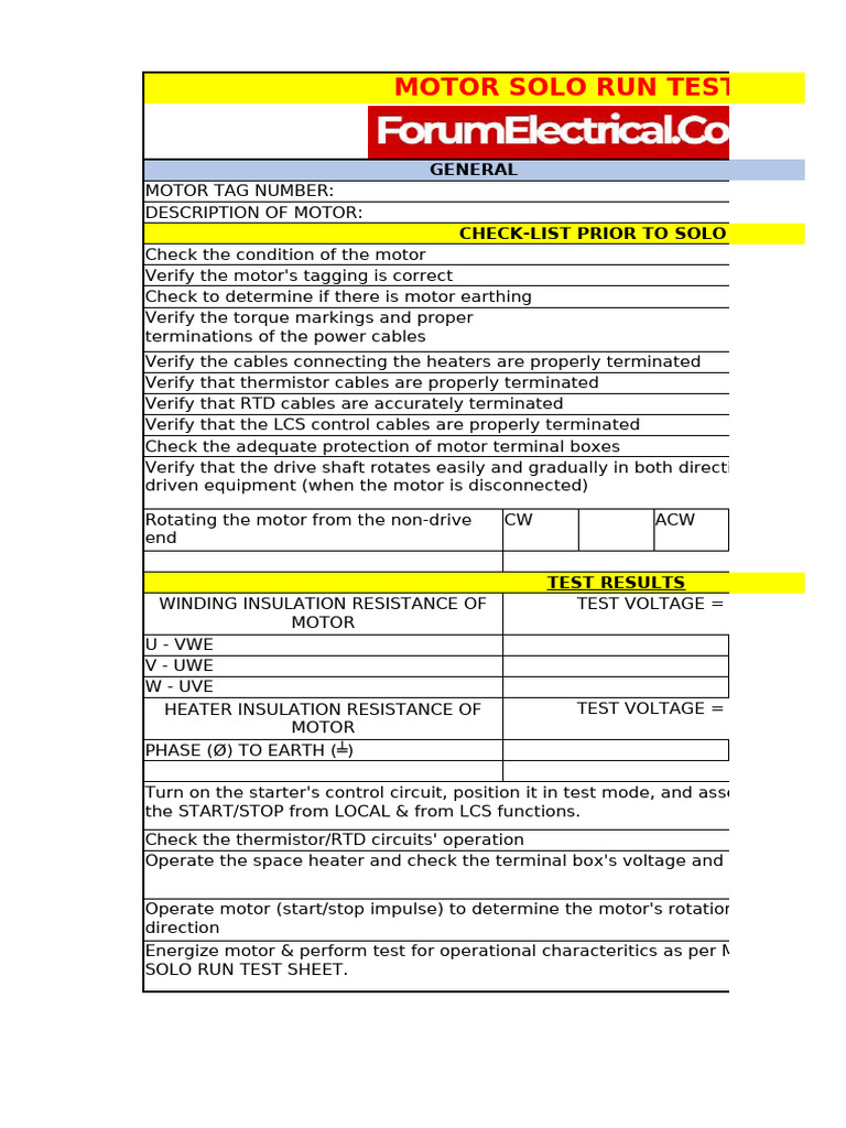 Motor Solo Run Test Procedure | PDF