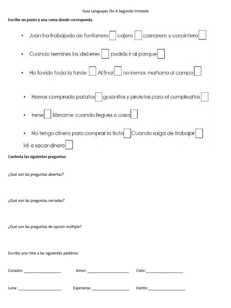 Guía de Lenguajes 5to A: Preguntas y Rimas | PDF