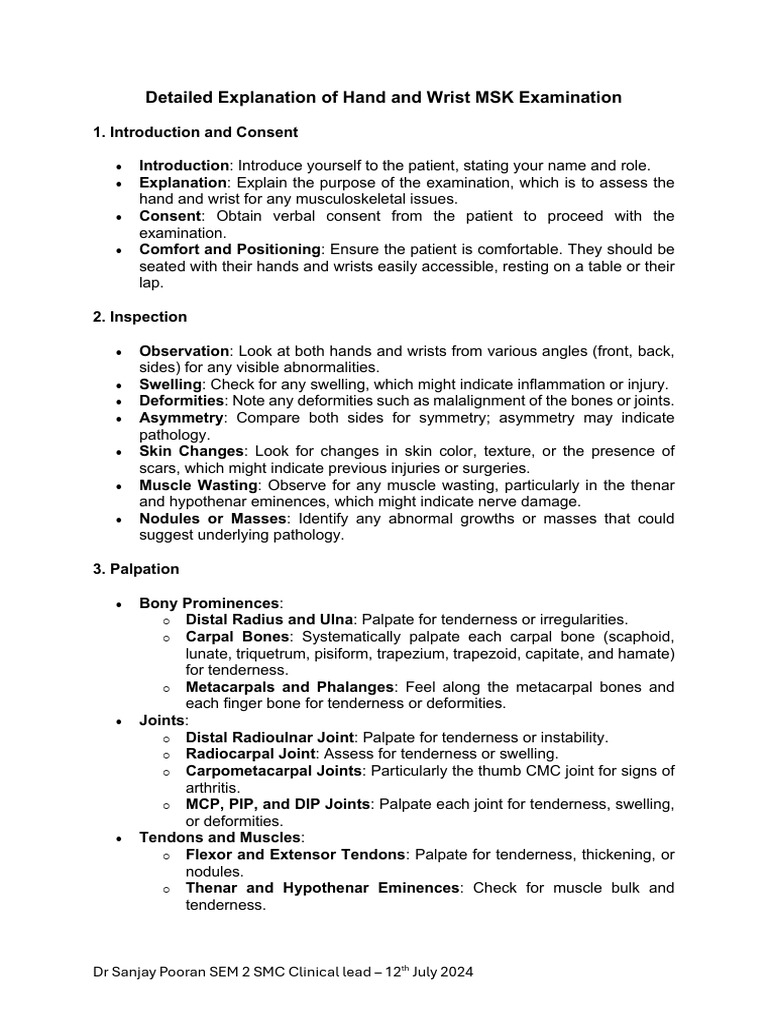 Detailed Explanation of Hand and Wrist MSK Examination | PDF ...
