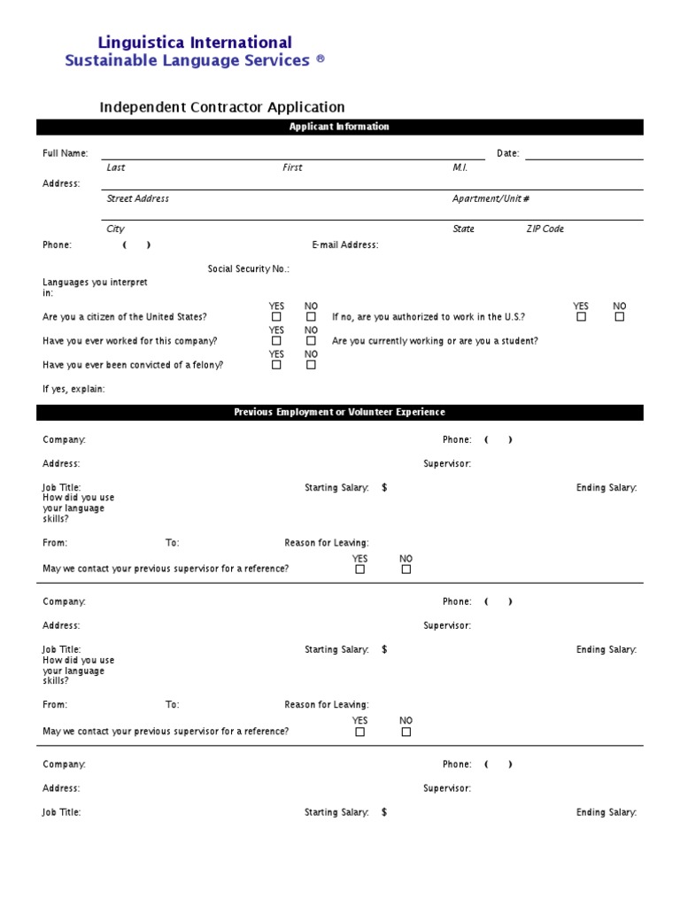 Independent Contractor Application Form | PDF | Career & Growth ...