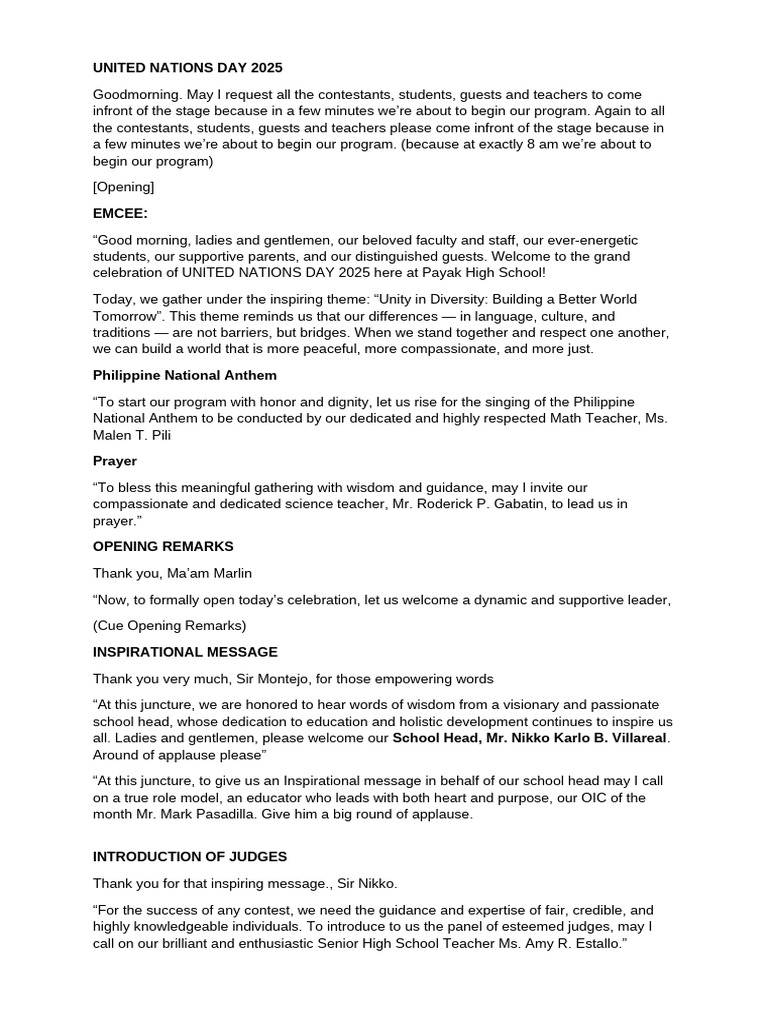 Emcee Script for UN Day 2025 Event | PDF