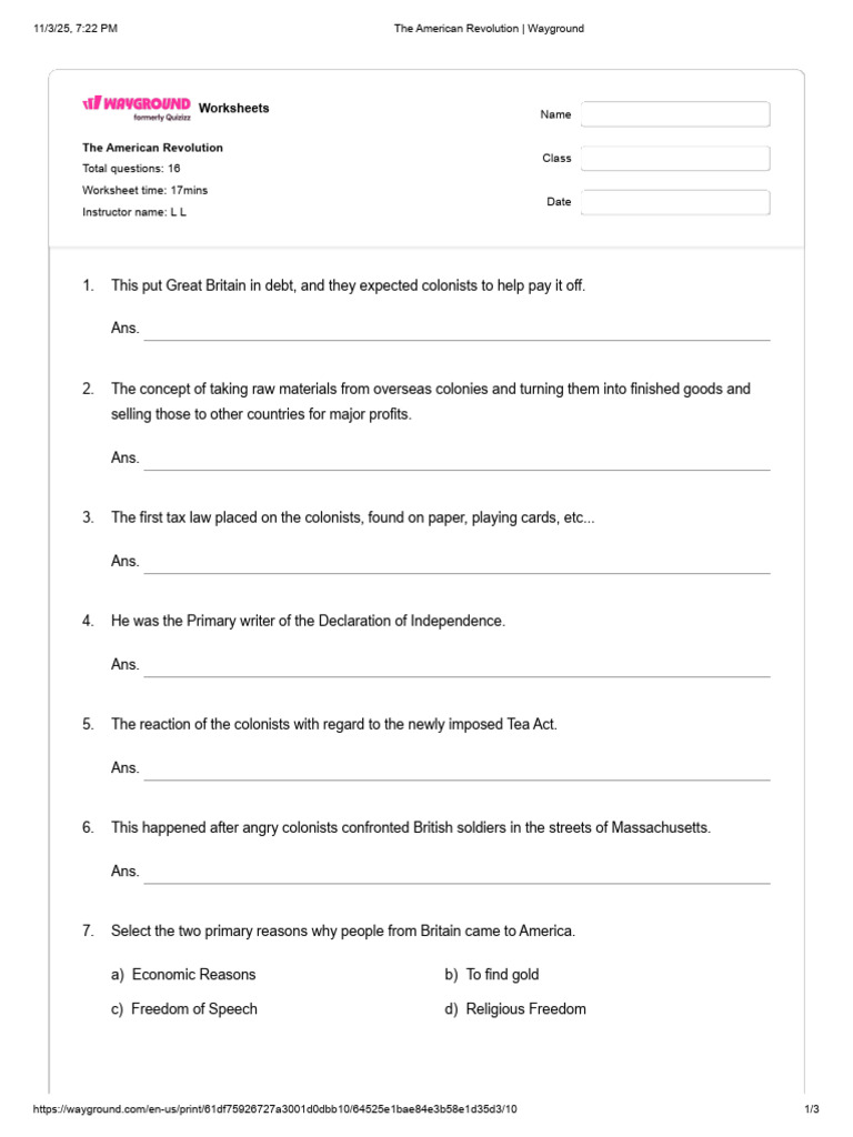 American Revolution Quiz Worksheet | PDF | American Revolution | United ...