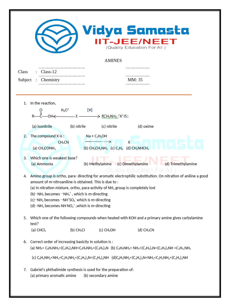 Class 12 Chemistry: Amines Overview | PDF | Amine | Chemical Compounds