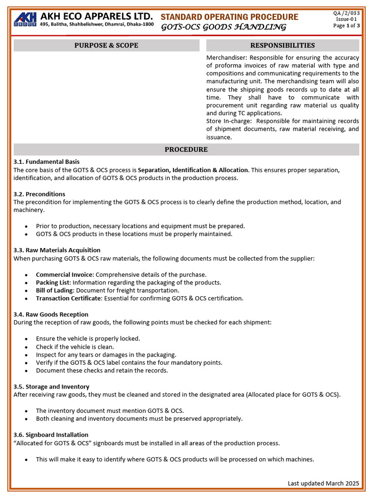 GOTS & OCS Goods Handling SOP | PDF | Invoice | Cargo
