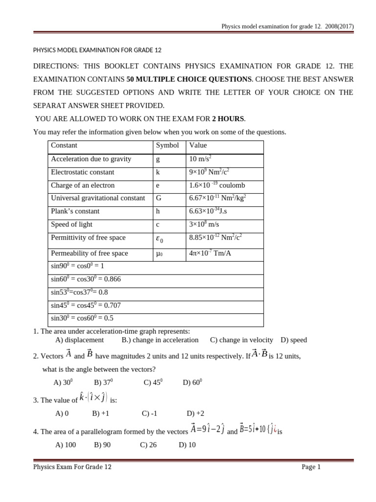 Physics Model Examination For Grade 12 | PDF | Heat | Acceleration