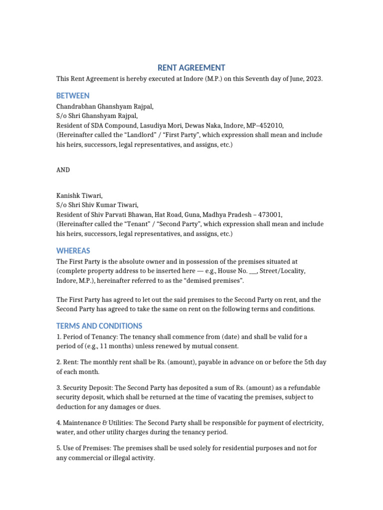 Indore Rent Agreement Template | PDF | Lease | Leasehold Estate