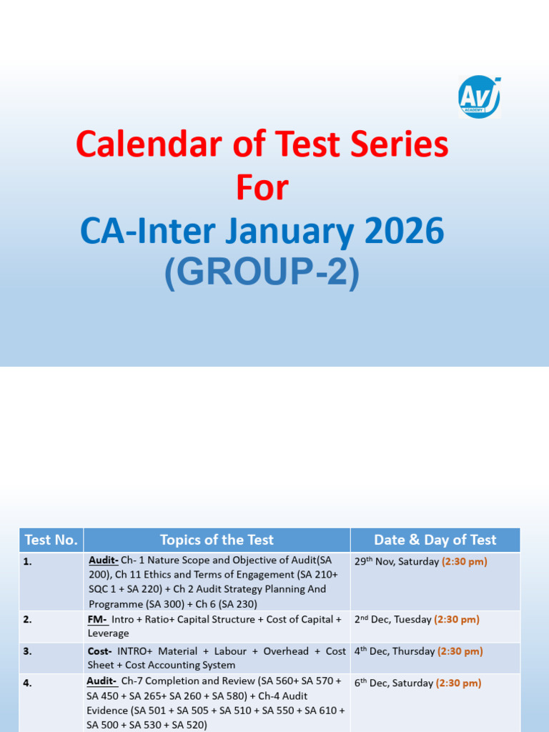CA Inter Jan 2026 Test Schedule | PDF