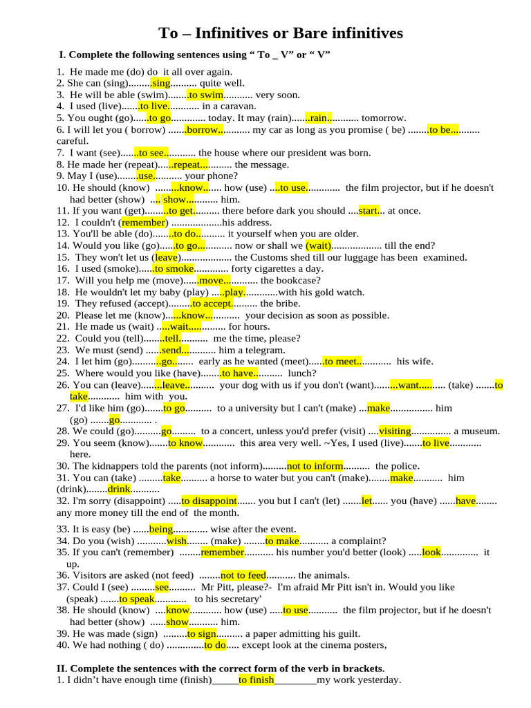 Infinitives and Verb Forms Exercise | PDF