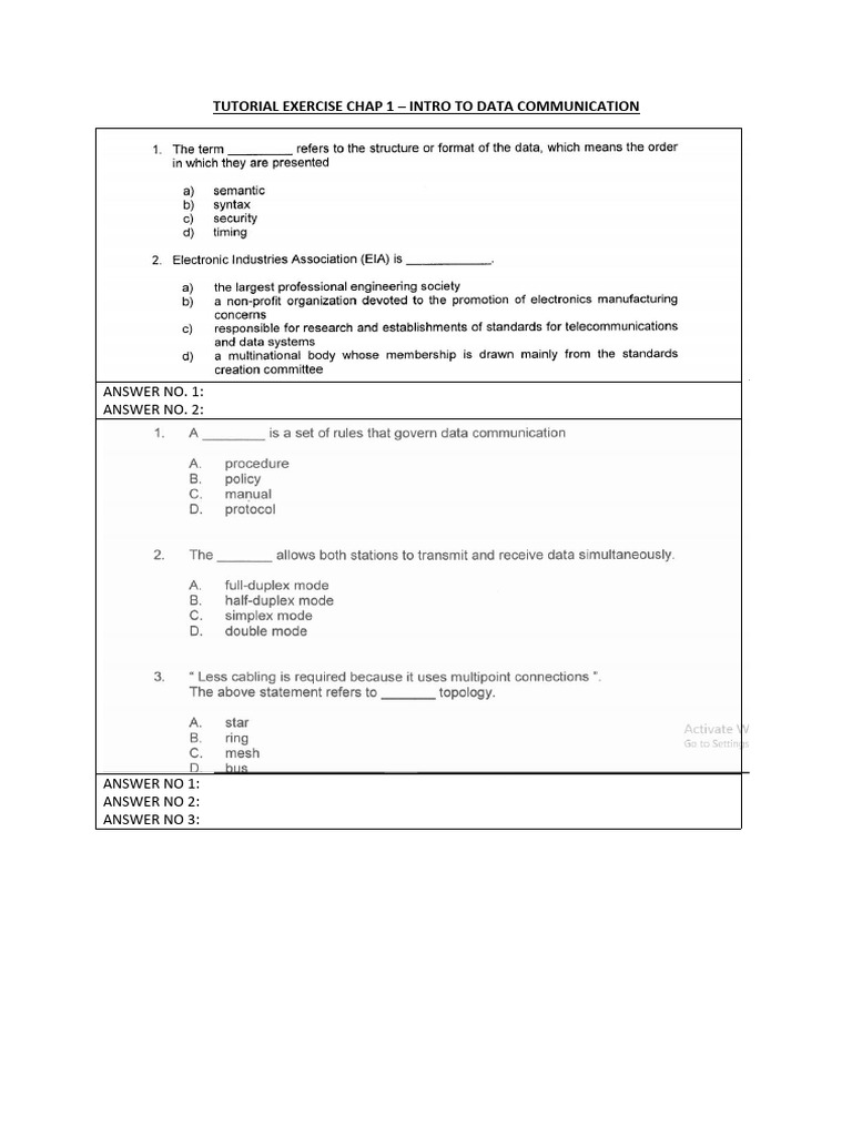 Data Communication Tutorial Exercise 1 | PDF