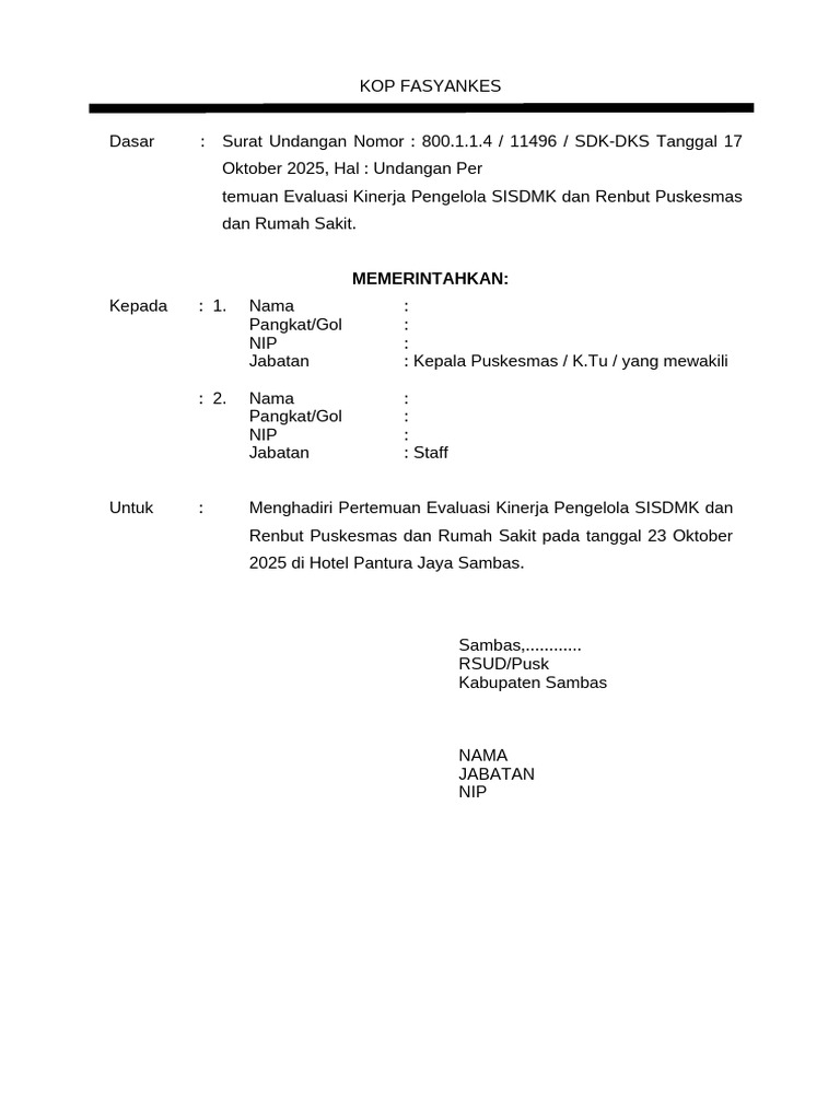 Contoh Surat Tugas Evaluasi SISDMK RENBUT Dan 9 N…